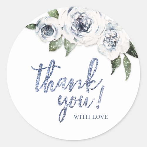 Sparkle blue glitter and floral thank you classic round sticker