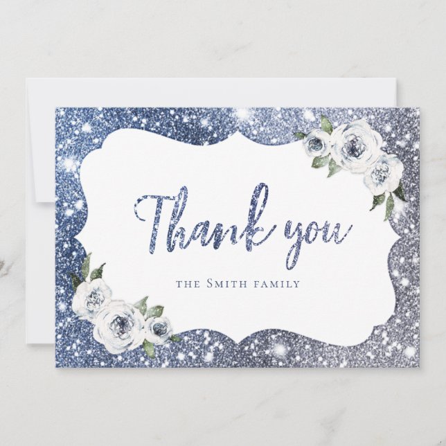 Sparkle blue glitter and floral thank you invitation (Front)