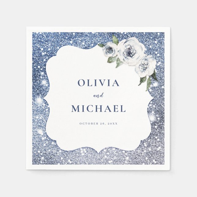 Sparkle blue glitter and floral wedding napkins (Front)