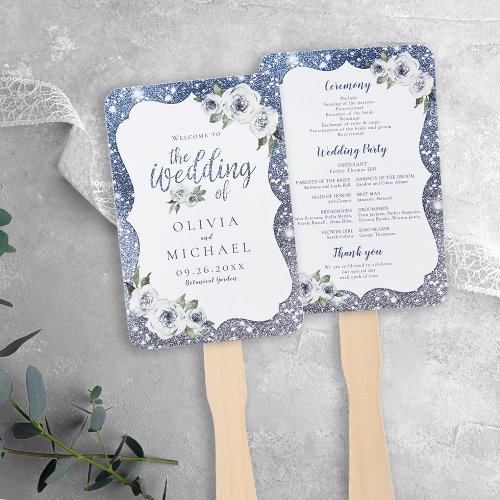 Sparkle blue glitter and floral wedding program hand fan