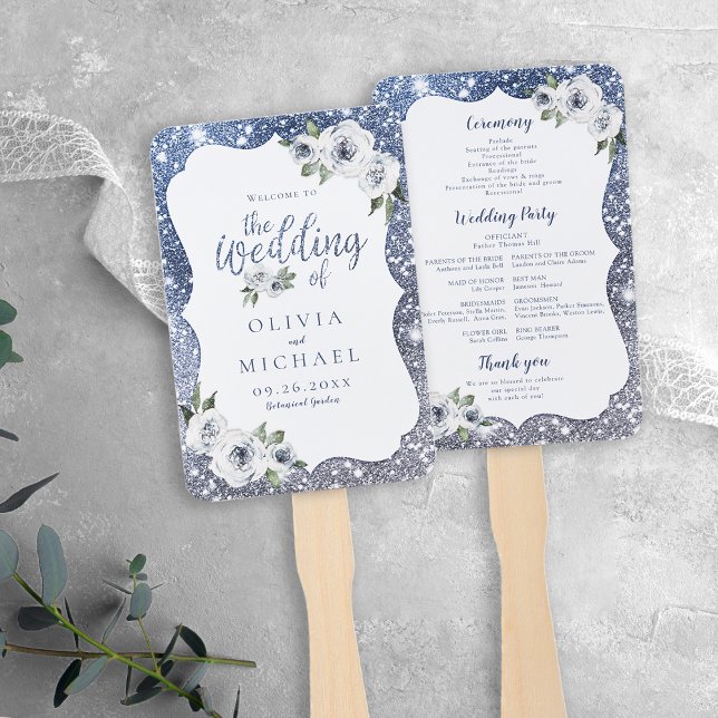 Sparkle blue glitter and floral wedding program hand fan (Sparkle blue glitter and floral wedding program hand fan)