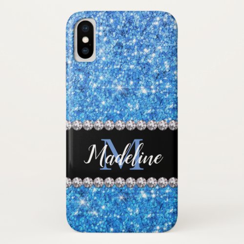 Sparkle Blue Glitter  Gems with Name and Monogram iPhone XS Case