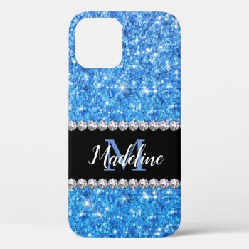 Sparkle Blue Glitter & Gems With Name And Monogram Iphone 12 Case by CoolestPhoneCases at Zazzle
