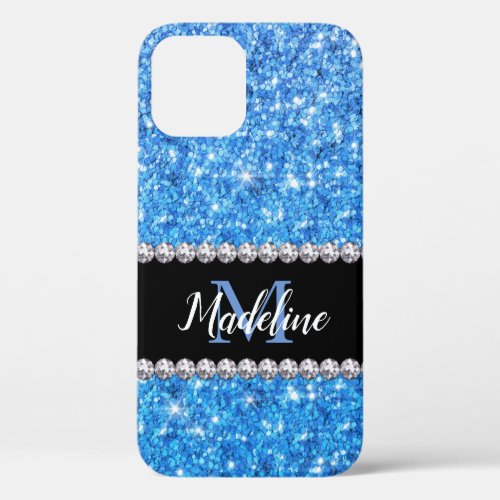 Sparkle Blue Glitter  Gems with Name and Monogram iPhone 12 Case