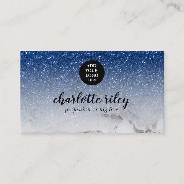 Sparkle Blue Glitter Ombre Cursive Add your Logo Business Card (Front)