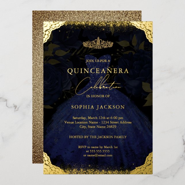 Sparkle Blue Gold Dress Tiara Quinceanera  Foil Invitation (Front/Back)