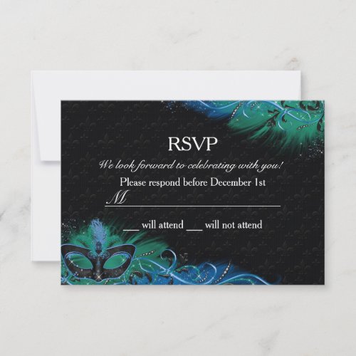 Sparkle Blue  Green Feather Mask Masquerade RSVP Invitation