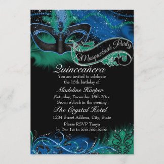 Sparkle Blue & Green Mask Masquerade Quinceanera Invitation