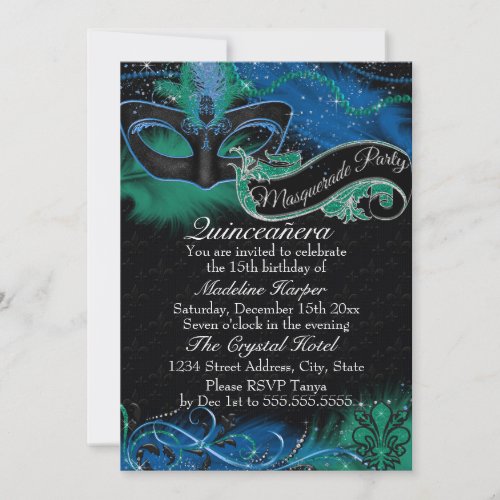 Sparkle Blue  Green Mask Masquerade Quinceanera Invitation