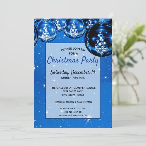 Sparkle Blue Ornaments Christmas Party Invitation