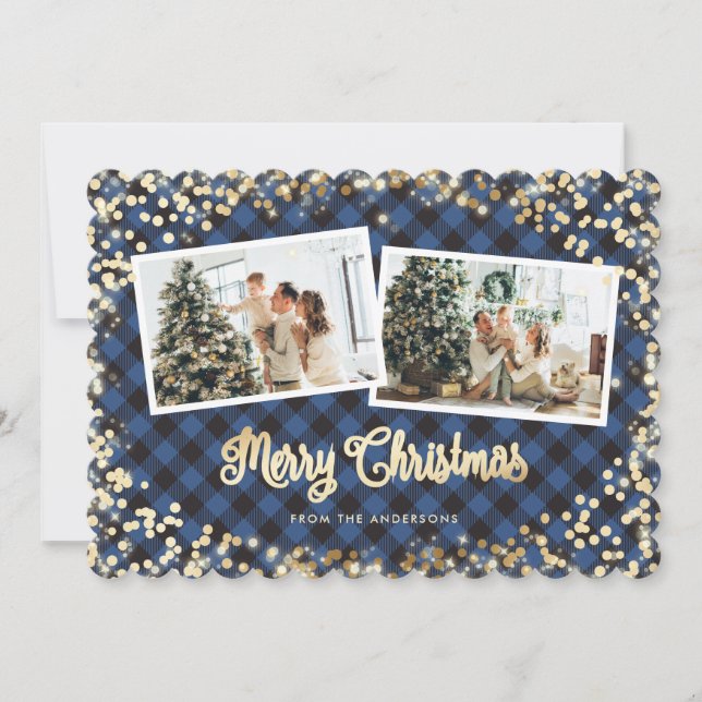 Sparkle Blue Plaid Snow Stars Photo Christmas Holiday Card (Front)