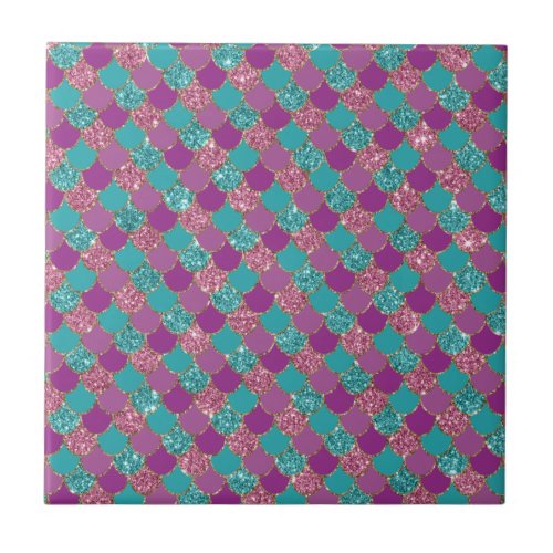 Sparkle Blue Purple Mermaid Tail Fish Scale Bright Ceramic Tile