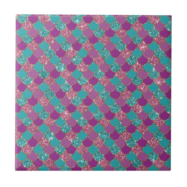 Sparkle Blue Purple Mermaid Tail Fish Scale Bright Ceramic Tile (Front)