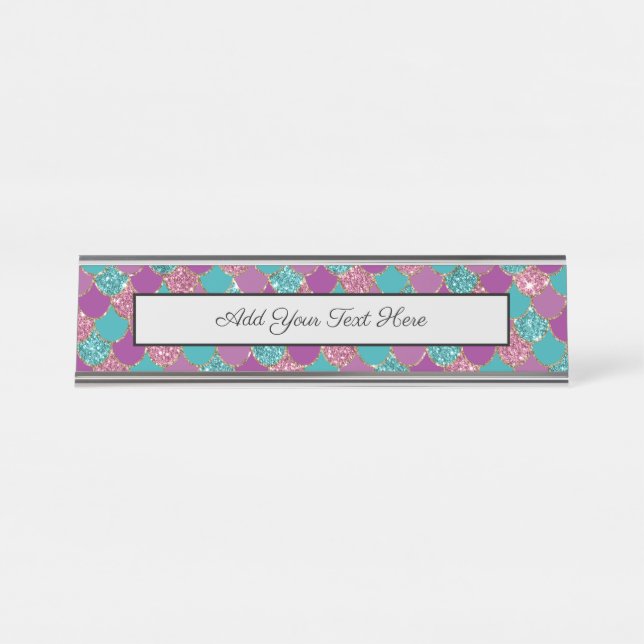 Sparkle Blue Purple Mermaid Tail Fish Scale Bright Desk Name Plate (Front)