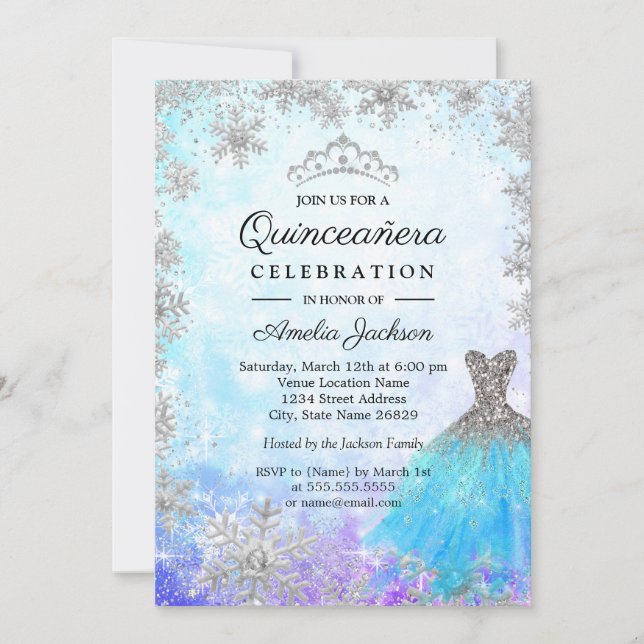 Sparkle Blue Purple Snowflakes Winter Quinceanera Invitation (Front)