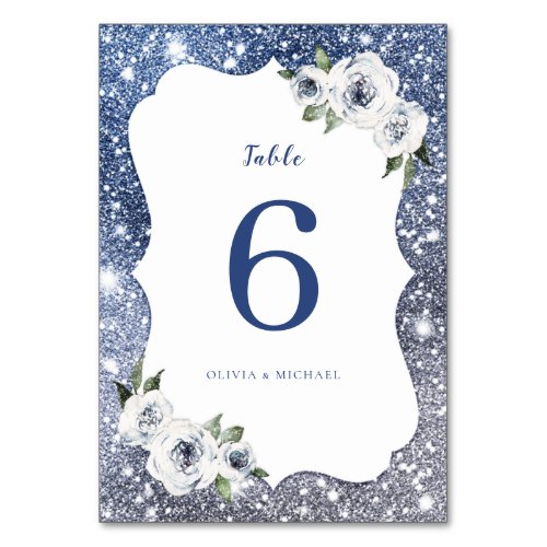 Sparkle blue silver glitter and floral Wedding Table Number