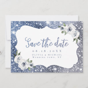 Sparkle blue silver glitter floral Save The Date