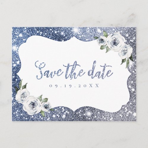 Sparkle blue silver glitter floral save the date announcement postcard