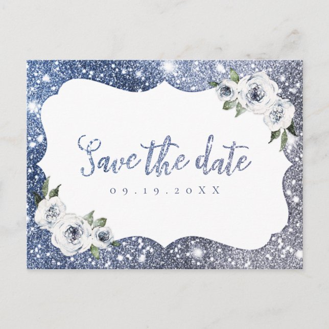 Sparkle blue silver glitter floral save the date announcement postcard (Front)