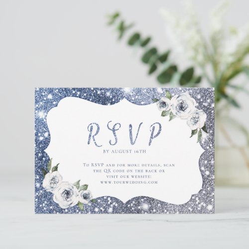 Sparkle blue silver glitter floral wedding QR code RSVP Card