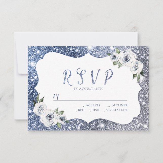 Sparkle blue silver glitter floral wedding RSVP (Front)