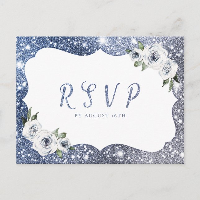 Sparkle blue silver glitter floral wedding RSVP Invitation Postcard (Front)