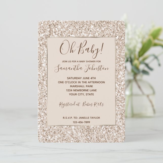 Sparkle Blush Cream Glitz Glitter Baby Shower Invitation (Standing Front)