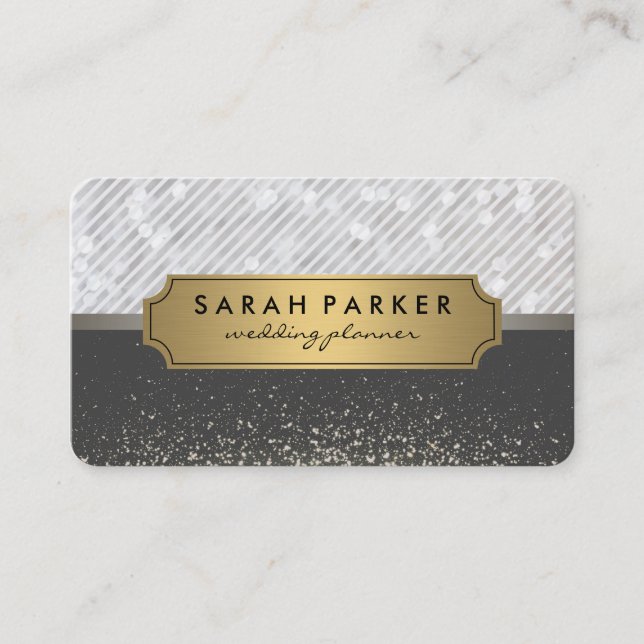 Sparkle Bokeh Metallic Gold Label with Stripes Business Card (Front)