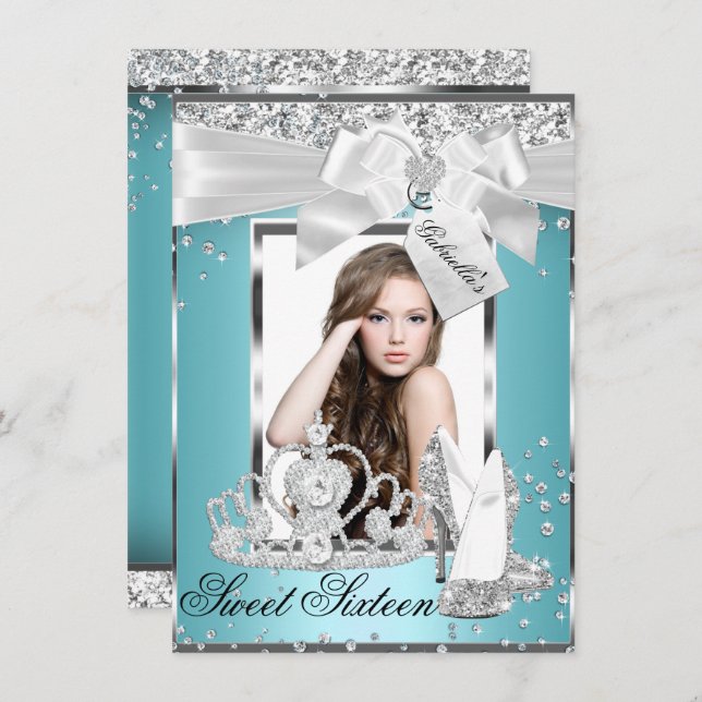 Sparkle Bow Tiara Photo Sweet 16 Invitation (Front/Back)