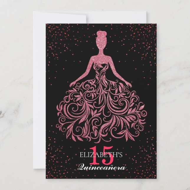 Sparkle Burgundy Black Glitter Dress Quinceañera Invitation (Front)