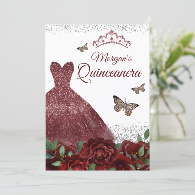 Sparkle Burgundy Jewel Dress Butterfly Quinceanera Invitation (Standing Front)
