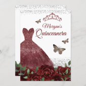 Sparkle Burgundy Jewel Dress Butterfly Quinceanera Invitation (Front/Back)