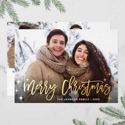 Sparkle Christmas 3 PHOTO Greeting Gold Foil Holiday Card