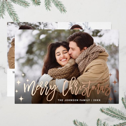 Sparkle Christmas 3 PHOTO Greeting Rose Gold Foil Holiday Card