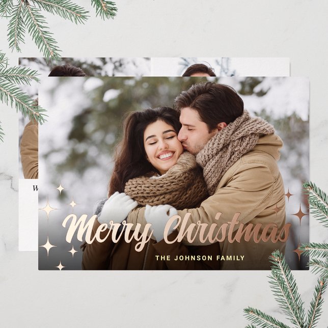 Sparkle Christmas 3 PHOTO Greeting Rose Gold Foil Holiday Card (Customizable Christmas holiday greeting photo card with real foil print.)