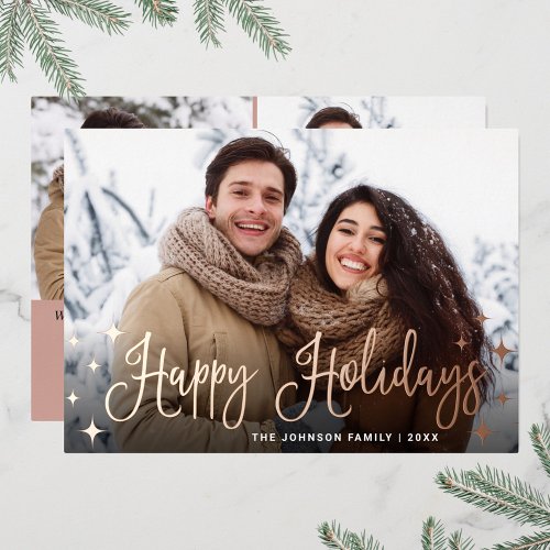 Sparkle Christmas 3 PHOTO Greeting Rose Gold Foil Holiday Card