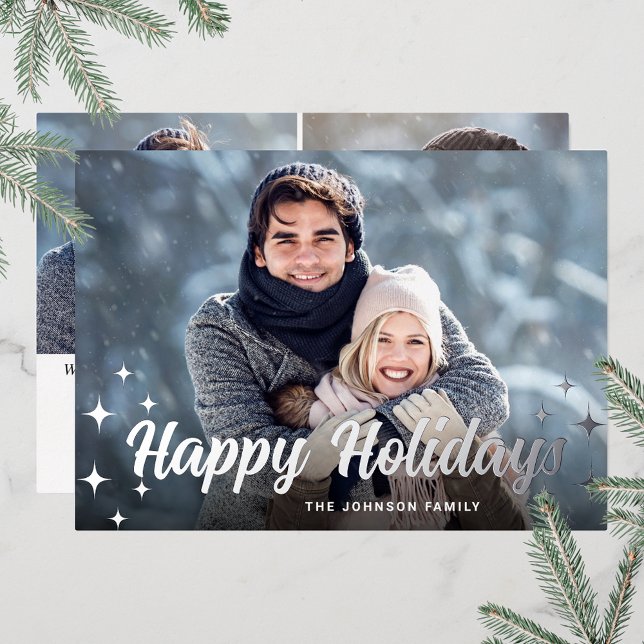 Sparkle Christmas 3 PHOTO Greeting Silver Foil Holiday Card (Customizable Christmas holiday greeting photo card with real foil print.)