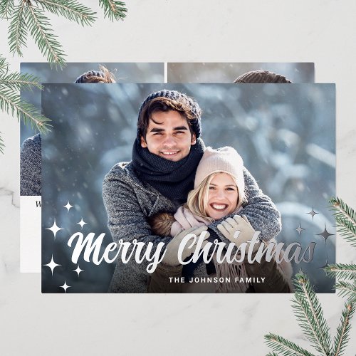 Sparkle Christmas 3 PHOTO Greeting Silver Foil Holiday Card