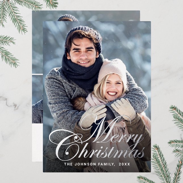 Sparkle Christmas 4 PHOTO Greeting Silver Foil Holiday Card (Customizable Christmas holiday greeting photo card with real foil print.)