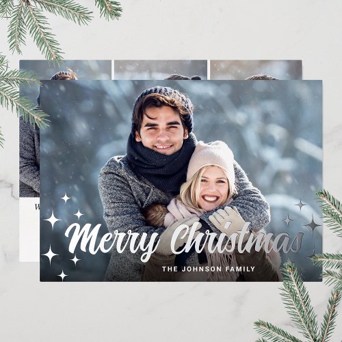 Sparkle Christmas 4 PHOTO Greeting Silver Foil Holiday Card