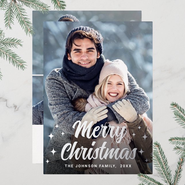 Sparkle Christmas 4 PHOTO Greeting Silver Foil Holiday Card (Customizable Christmas holiday greeting photo card with real foil print.)