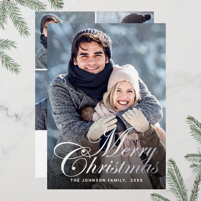 Sparkle Christmas 5 PHOTO Greeting Silver Foil Holiday Card (Customizable Christmas holiday greeting photo card with real foil print.)