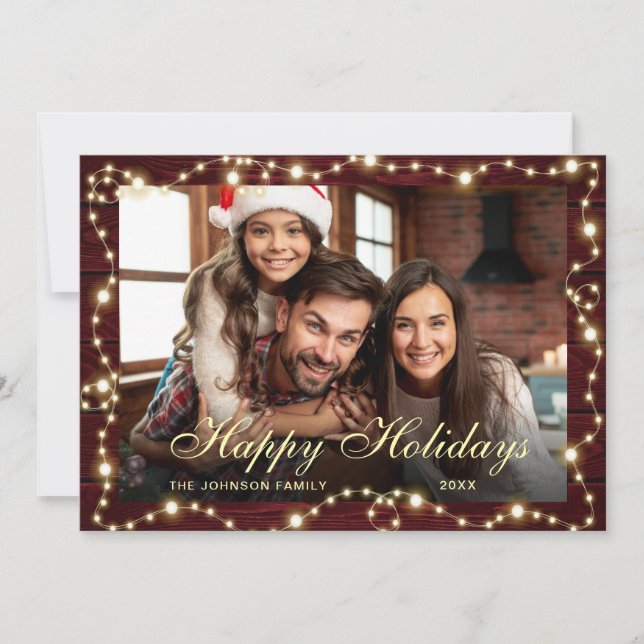 Sparkle Christmas Lights Rustic PHOTO Greeting Holiday Card (Front)