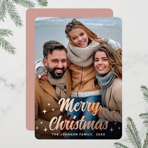 Sparkle Christmas PHOTO Greeting Rose Gold Foil Holiday Card
