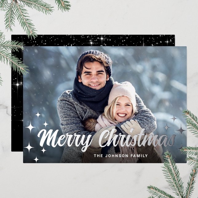 Sparkle Christmas PHOTO Greeting Silver Foil Holiday Card (Customizable Christmas holiday greeting photo card with real foil print.)