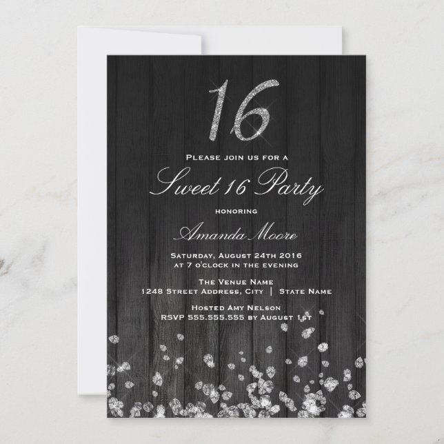 Sparkle Diamond black silver Sweet 16 Invite (Front)