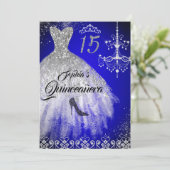 Sparkle Diamond Dress Blue Silver Quinceanera Invitation (Standing Front)