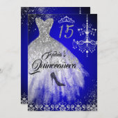 Sparkle Diamond Dress Blue Silver Quinceanera Invitation (Front/Back)