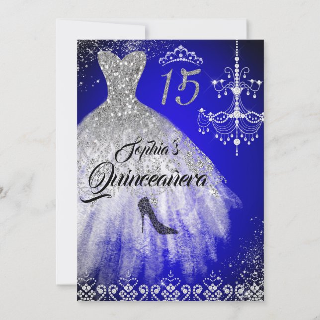 Sparkle Diamond Dress Blue Silver Quinceanera Invitation (Front)