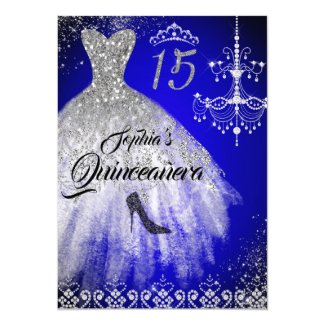 Sparkle Diamond Dress Blue Silver Quinceanera Invitation